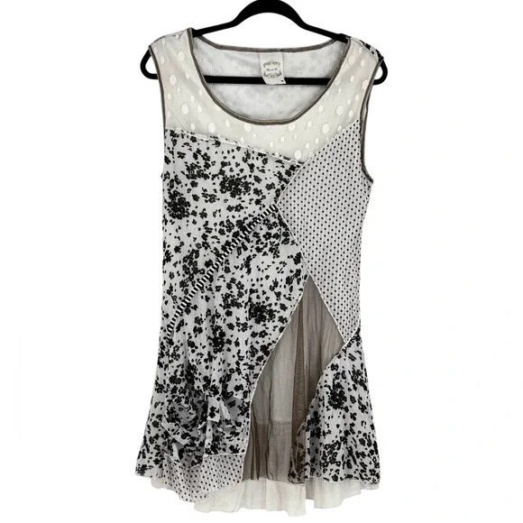 Fleur de Lis Layered Mixed-Print Boho Art Tunic Dress Floral & Polka Dot - Picture 4 of 11